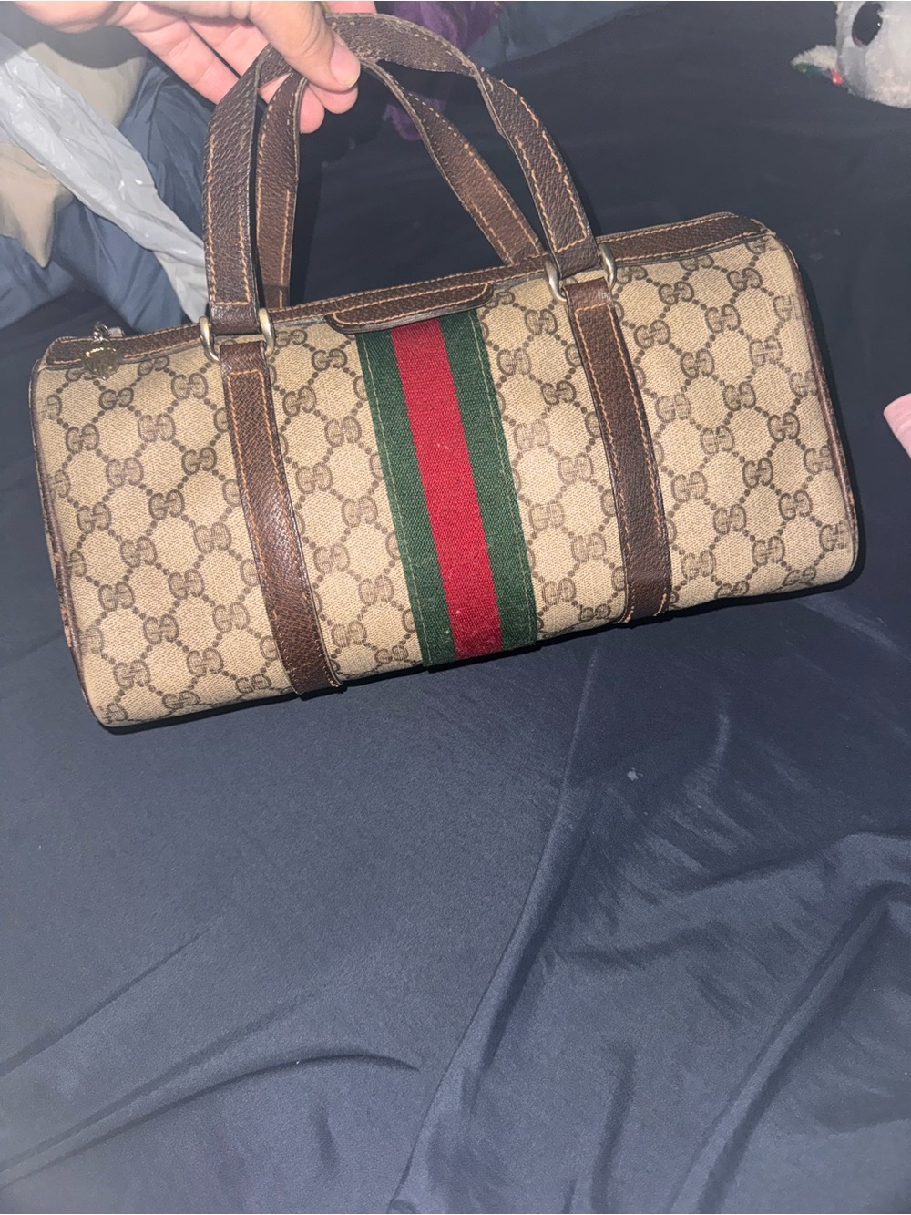 Gucci Beige Monogram Duffel with Green & Red Web Stripe